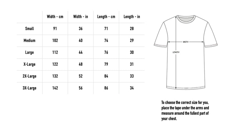 Size chart for Unlawful Execution Tee - Black